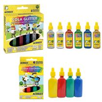 Kit Cola Colorida e Cola Glitter 10un Acrilex Uso Escolar ou Artesanato Colagem Pintura Relevos Coloridos em Papel