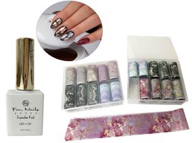 Kit Cola Foil Transfer 15ml + 10 Rolos De Fita Foil Desenhos Para Unhas Manicure Nail Art Foils