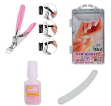 Kit Cola Para Unhas Lixa + Kit 100 Unhas Tips + Alicate