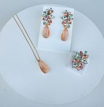 Kit Colar, brinco e Anel Regulável Londres Tons de Azul com Nude