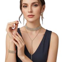 Kit Colar Brinco e Pulseira Feminino Elegante Strass Luxo - Kit Colar Brinco e Pulseira Feminino Elegante Strass Luxo -