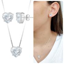 Kit Colar Brinco Prata 925 Coração Cristal Zircônia banhado Kit Colar Brinco Prata 925 Coração Cristal Zircônia banhado