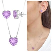Kit Colar Brinco Prata 925 Coração Lilás Zircônia Banhado Kit Colar Brinco Prata 925 Coração Lilás Zircônia Banhado