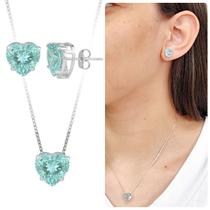Kit Colar Brinco Prata Coração Azul Claro Zircônia Banhado Kit Colar Brinco Prata Coração Azul Claro Zircônia Banhado