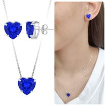 Kit Colar Brinco Prata Coração Azul Escuro Zircônia Banhado Kit Colar Brinco Prata Coração Azul Escuro Zircônia Banhado