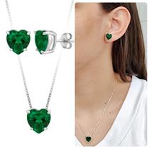 Kit Colar Brinco Prata Coração Verde Escuro Zircônia Banhado Kit Colar Brinco Prata Coração Verde Escuro Zircônia Banhado