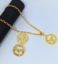 Kit Colar + Brincos Corrente Elos Português com Pingente Medalha Redonda Divino Espirito santo Abençoada por Deus