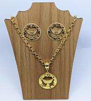 Kit Colar Brincos Corrente Elos Português com Pingente Medalha Redonda Divino Espirito santo Par de Brinco Antialérgico