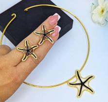 Kit Colar choker aro Liso + Par de Brincos Estrela do mar Antialérgico Folheado Ouro Dourado Luxo Preto moda Feminina