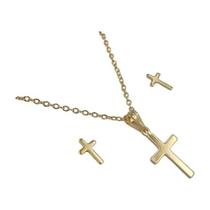 Kit Colar Choker Com Mini Crucifixo E Brinco Folheado A Ouro