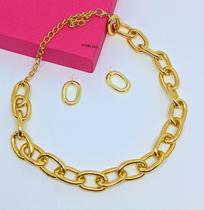 Kit Colar Choker e Brincos Feminino Corrente elo Grosso oval Folheado Ouro Conjunto Par de Brinco Antialérgico Luxo Moda