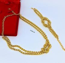 Kit Colar Choker e Pulseira Correntaria Elos Duplo com Nó Nózinho Folheado Ouro Dourado com Prata Luxo Presente