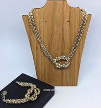 Kit Colar Choker e Pulseira Correntaria Elos Duplo com Nó Nózinho Folheado Ouro Dourado com Prata Luxo Presente Kit Colar Choker e Pulseira Correntaria Elos Duplo com Nó Nózinho Folheado Ouro Dourado com Prata Luxo Presente