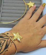 Kit Colar Choker e Pulseira Elo Aro Liso com Pingente Estrela do Mar Folheado Ouro 18k Dourado Tendência Moda Feminina