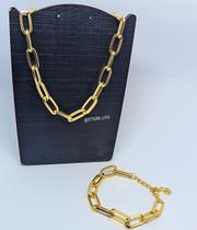 Kit Colar Choker e Pulseira Feminino Corrente Elos Quadrado grande Gargantilha Folheado Ouro Dourado e Prata Luxo