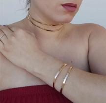 Kit Colar Choker e Pulseira Feminino Elo Aro Duplo metal ajustável Folheado Ouro Dourado Prata Tendência Moda Blogueira