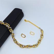 Kit Colar Choker Feminino + Brincos Corrente Elos grande Duplo Oval Mix Misturados Dois Banhos Dourado e Prata Tendência