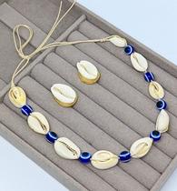 Kit Colar Choker Feminino e Par de Brincos Folheado Antialérgico Conchas praiano Pérolas Búzios Cordão Fio encerado Kit Colar Choker Feminino e Par de Brincos Folheado Antialérgico Conchas praiano Pérolas Búzios Cordão Fio encerado