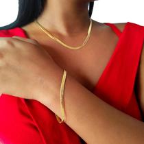 Kit Colar Choker Feminino E Pulseira Laminada Folheado Ouro