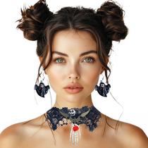 Kit Colar Choker Gargantilha Renda Gótica Esqueleto + Par Brincos Temático: Steampunk Festa Fantasia Halloween Kit Colar Choker Gargantilha Renda Gótica Esqueleto + Par Brincos Temático: Steampunk Festa Fantasia Halloween