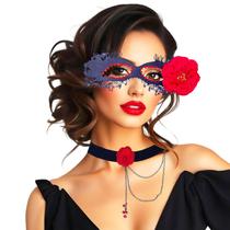 Kit Colar Choker Gargantilha Veludo + Máscara Rosa Vermelha Festa Fantasia Vintage