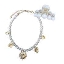 Kit Colar Choker Pérolas com Berloques + Presilha + Saida Franjas Tricô Furão