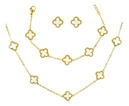 Kit Colar Choker Pulseira E Brinco Trevo Branco Aço Inox