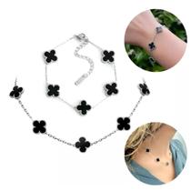 Kit Colar Choker Pulseira Trevo Virgínia Aço Inox 316l Cor Prata e Preto Ônix Kit Colar Choker Pulseira Trevo Virgínia Aço Inox 316l Cor Prata e Preto Ônix