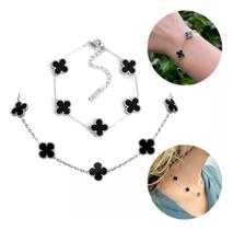 Kit Colar Choker Pulseira Trevo Virgínia Aço Inox 316L Prata