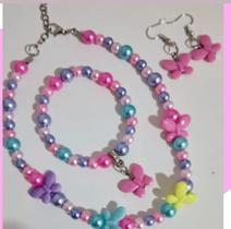 Kit colar com brincos e pulseira colorido artesanal infantil