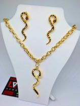 Kit Colar Corrente com Brincos Feminino Elos Português com Pingente Serpente Cobra Folheado a Ouro 18k