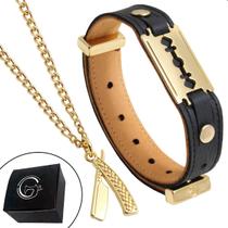 Kit Colar Corrente Navalha Banhado a Ouro e Pulseira Lâmina Dourada Barbearia Kit Colar Corrente Navalha Banhado a Ouro e Pulseira Lâmina Dourada Barbearia