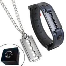 Kit Colar Corrente Navalha Pulseira Couro Lâmina Barbearia Kit Colar Corrente Navalha Pulseira Couro Lâmina Barbearia