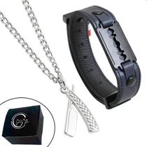 Kit Colar Corrente Navalha Pulseira Couro Lâmina Barbearia Kit Colar Corrente Navalha Pulseira Couro Lâmina Barbearia