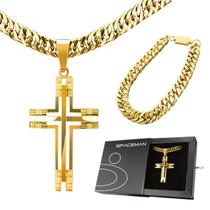 Kit Colar Crucifixo + pulseira estiloso moda masculina presente casual religioso qualidade premium