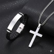 KIT Colar Cruz Aço Inox Prata mais Pulseira Couro Masculina Elegante KIT Colar Cruz Aço Inox Prata mais Pulseira Couro Masculina Elegante