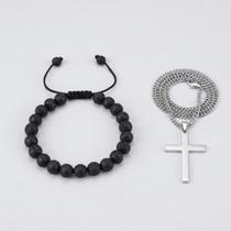 KIT Colar Cruz Aço Inox + Pulseira Pedra Vulcânica Lava Ajustável, Unissex e Proteção