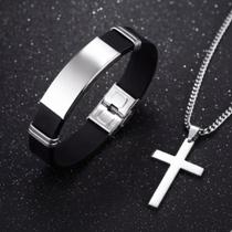 KIT Colar Cruz e Pulseira Masculina Aço Inox Minimalista, Elegante e Moderno