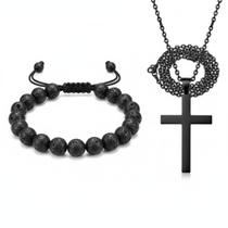 KIT Colar Cruz Preto Aço Inox + Pulseira Pedra Vulcânica Lava Minimalista, Proteção e Ajustável