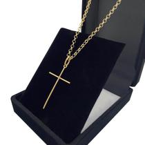 Kit Colar de Ouro 18k Elo Português 45cm Choker Fecho Tradicional Com Crucifixo Agulha de Ouro Puro