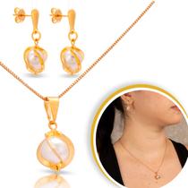 Kit Colar e Brinco Banhado Com Pérola Feminino Casamento