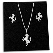 Kit Colar e Brinco Cavalo Prata 925 Legítima Veneziana 45cm