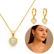 Kit Colar e Brinco Feminino Com Pedra Coração Zircônia Banhado