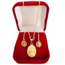 Kit Colar E Brinco Medalha N Senhora Das Graças Banhada Ouro 18k Kit Colar E Brinco Medalha N Senhora Das Graças Banhada Ouro 18k