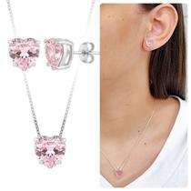 Kit Colar e Brinco Prata 925 Coração Rosa Zircônia Banhado Kit Colar e Brinco Prata 925 Coração Rosa Zircônia Banhado