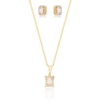 Kit Colar e Brinco Quadrado Cravejado Zircônias Ouro 18k