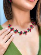 Kit Colar e Brinco Rosa Pink com Verde Guatemala