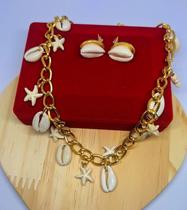 kit Colar e Brincos Choker Buzios Berloques Estrela do Mar Concha folheado Ouro 18k Moda Praia Verão