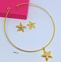 Kit Colar e Brincos Choker Elo Aro Fio Rígido Liso com Pingente Estrela do Mar Folheado Ouro Dourado Luxo Moda