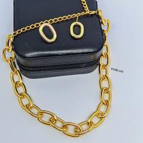 Kit Colar e Brincos Choker Elo Oval grosso Corrente Grande Folheado Ouro Dourado Par Brinco Antialérgico Tendência Moda Kit Colar e Brincos Choker Elo Oval grosso Corrente Grande Folheado Ouro Dourado Par Brinco Antialérgico Tendência Moda